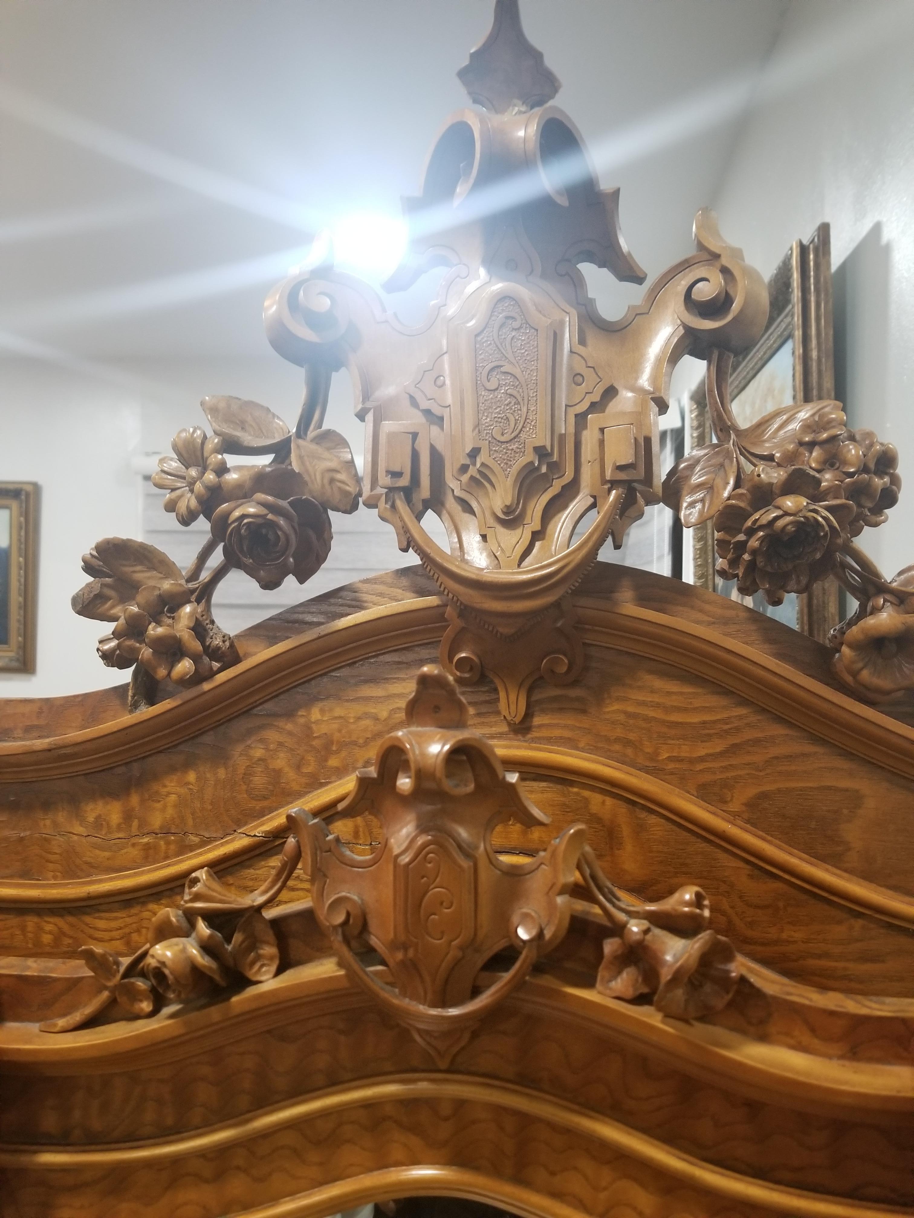 Stately est. 1885 Antique Louis XIV bedroom set, with intricate woodwork, marble/stonework and engravings. Fully functional and an incredible value. Set consist of many pieces. Dimensions are for Headboard and Bed, other dimensions are listed