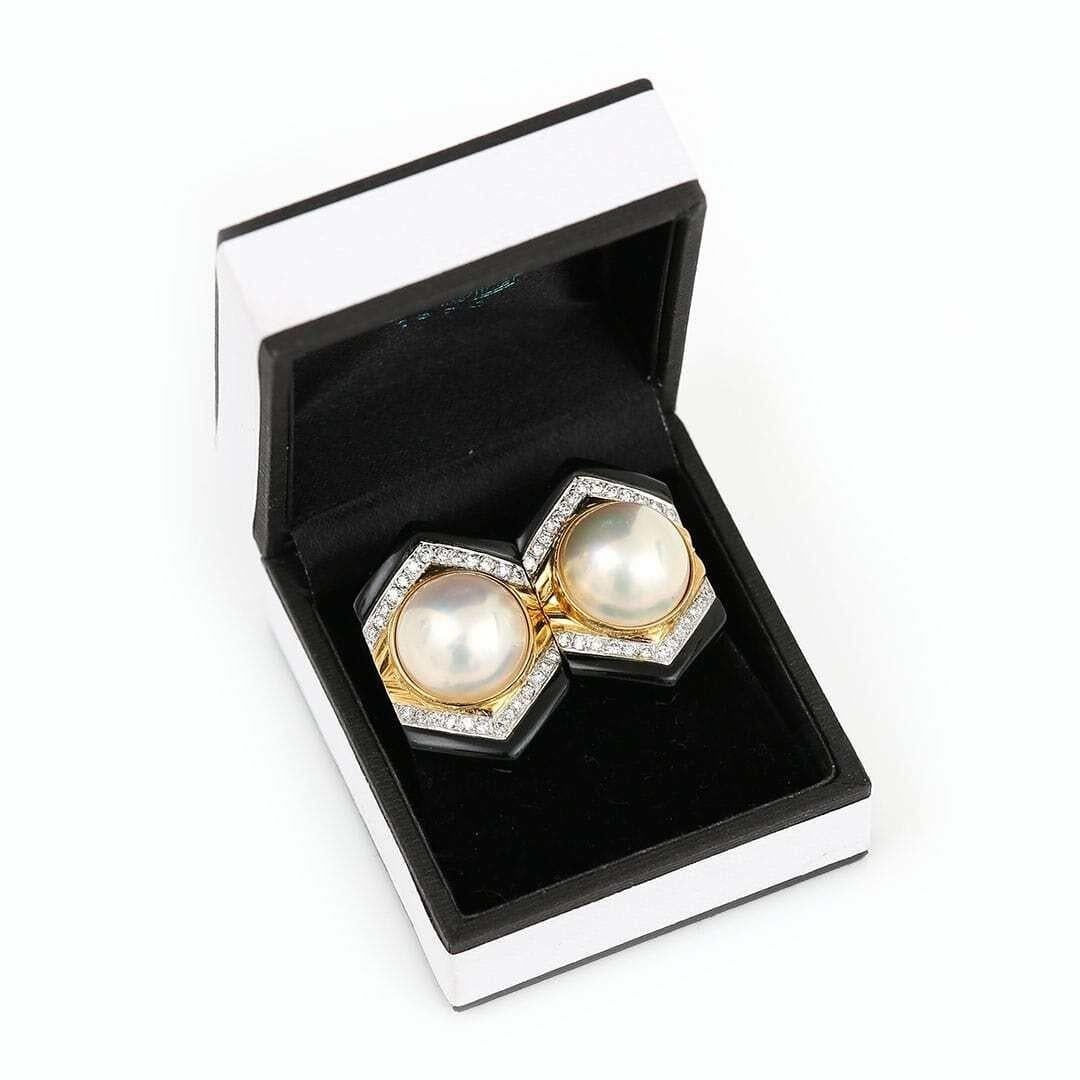Large 18ct Gold Mabe Pearl, Diamond and Onyx Earrings by Trio 3