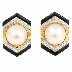 Large 18ct Gold Mabe Pearl, Diamond and Onyx Earrings by Trio