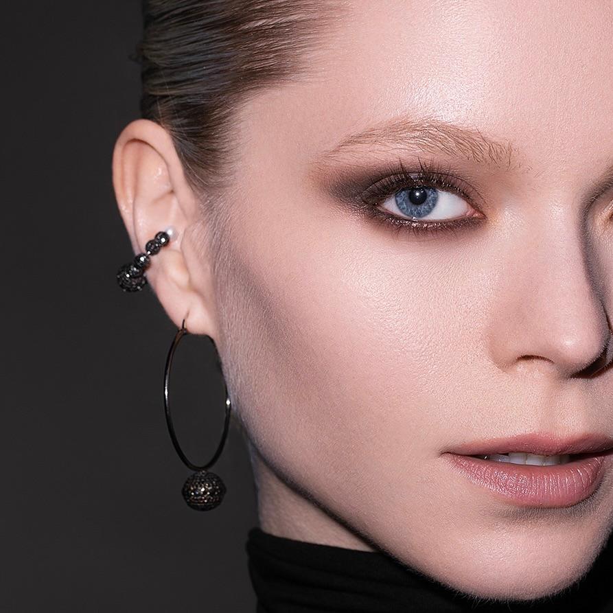 Single Cut Large 18k Blackened Gold Hoop Earrings with 3.63ct Black Diamond Orbs For Sale