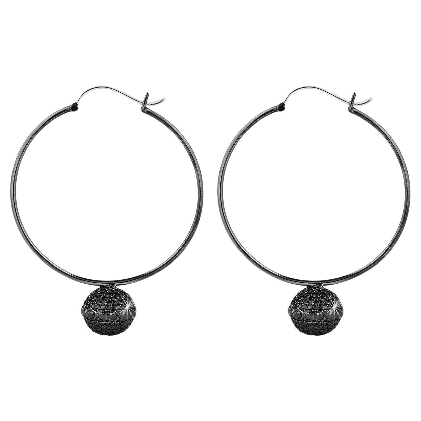 Large 18k Blackened Gold Hoop Earrings with 3.63ct Black Diamond Orbs For Sale