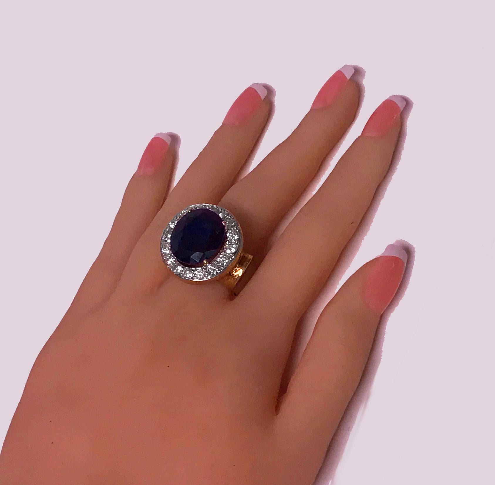 Round Cut Large 18 Karat Diamond and Blue Stone Ring