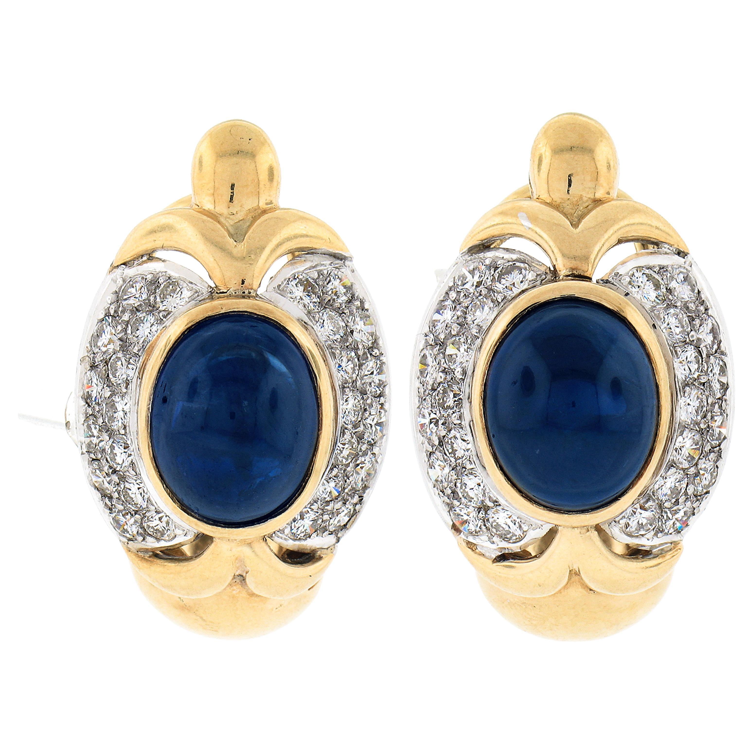 Large 18k Gold 18+ct GIA Oval Cabochon Sapphire Diamond Statement Cuff Earrings For Sale