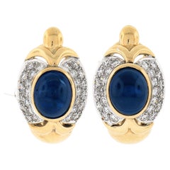 Vintage Large 18k Gold 18+ct GIA Oval Cabochon Sapphire Diamond Statement Cuff Earrings