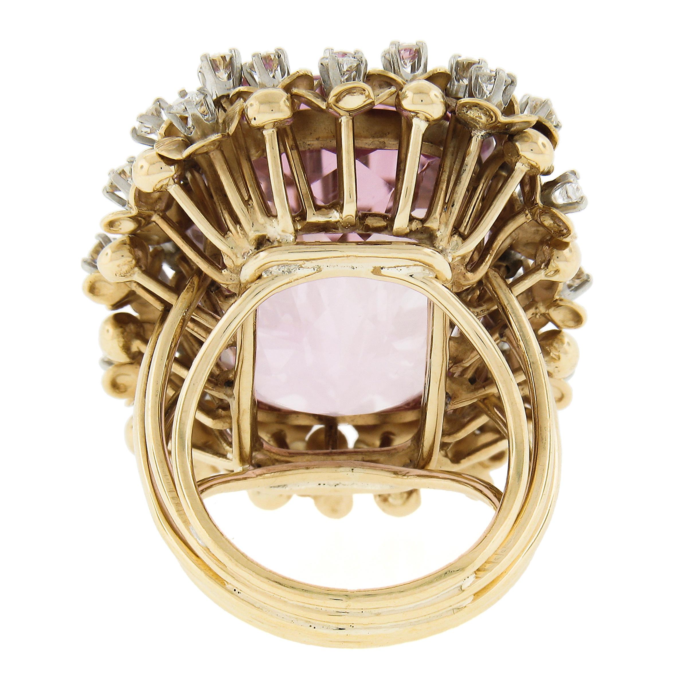Large 18k Gold 57.74ctw Gia Kunzite Solitaire w/ Diamond Flower Cocktail Ring For Sale 1