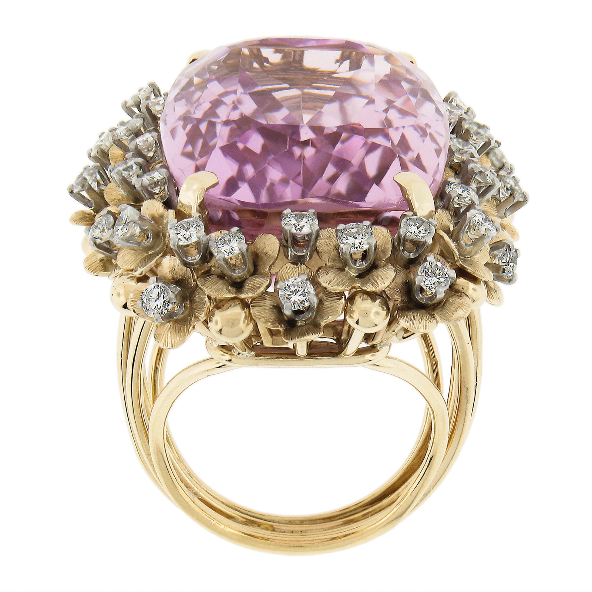Large 18k Gold 57.74ctw Gia Kunzite Solitaire w/ Diamond Flower Cocktail Ring For Sale 2