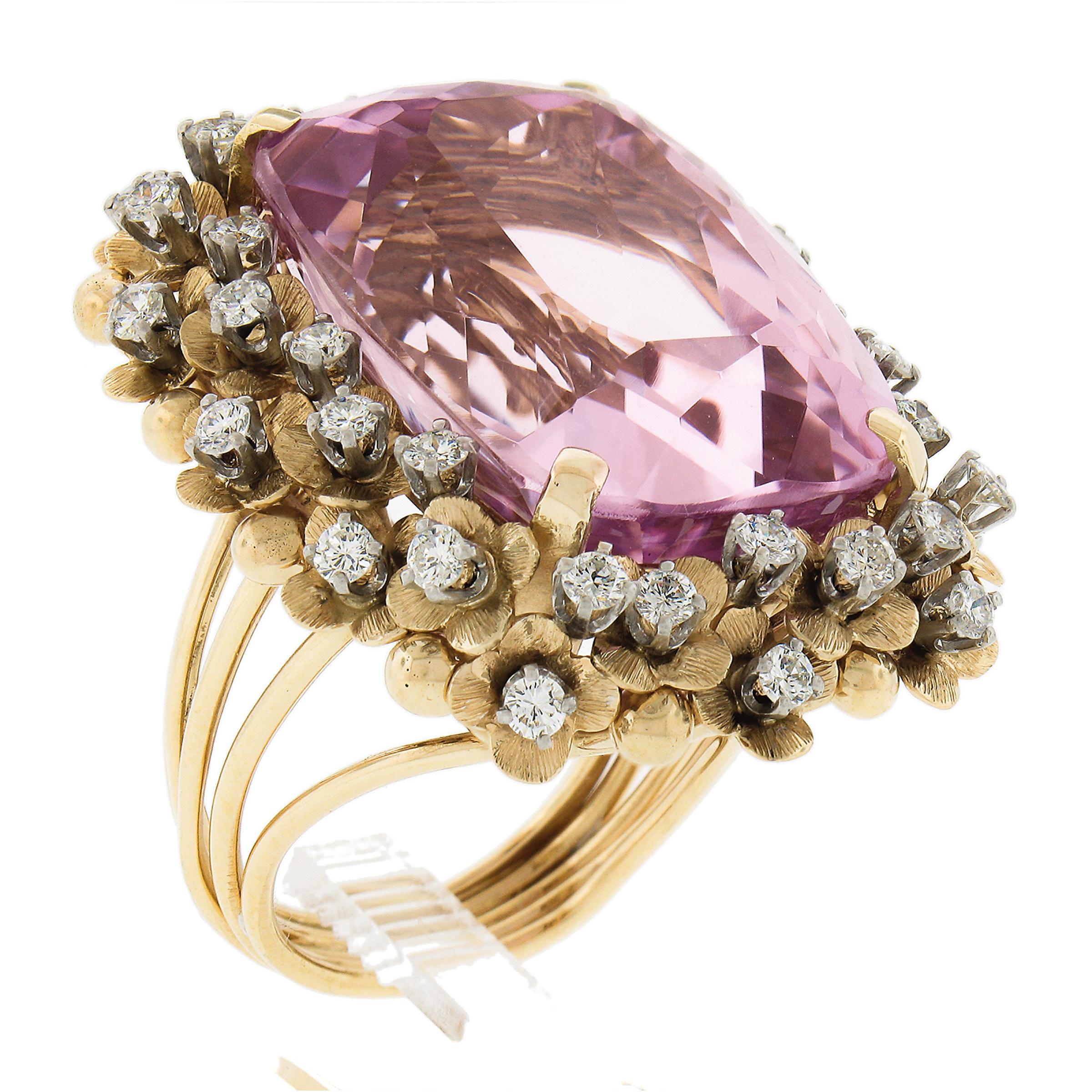 Large 18k Gold 57.74ctw Gia Kunzite Solitaire w/ Diamond Flower Cocktail Ring For Sale 3