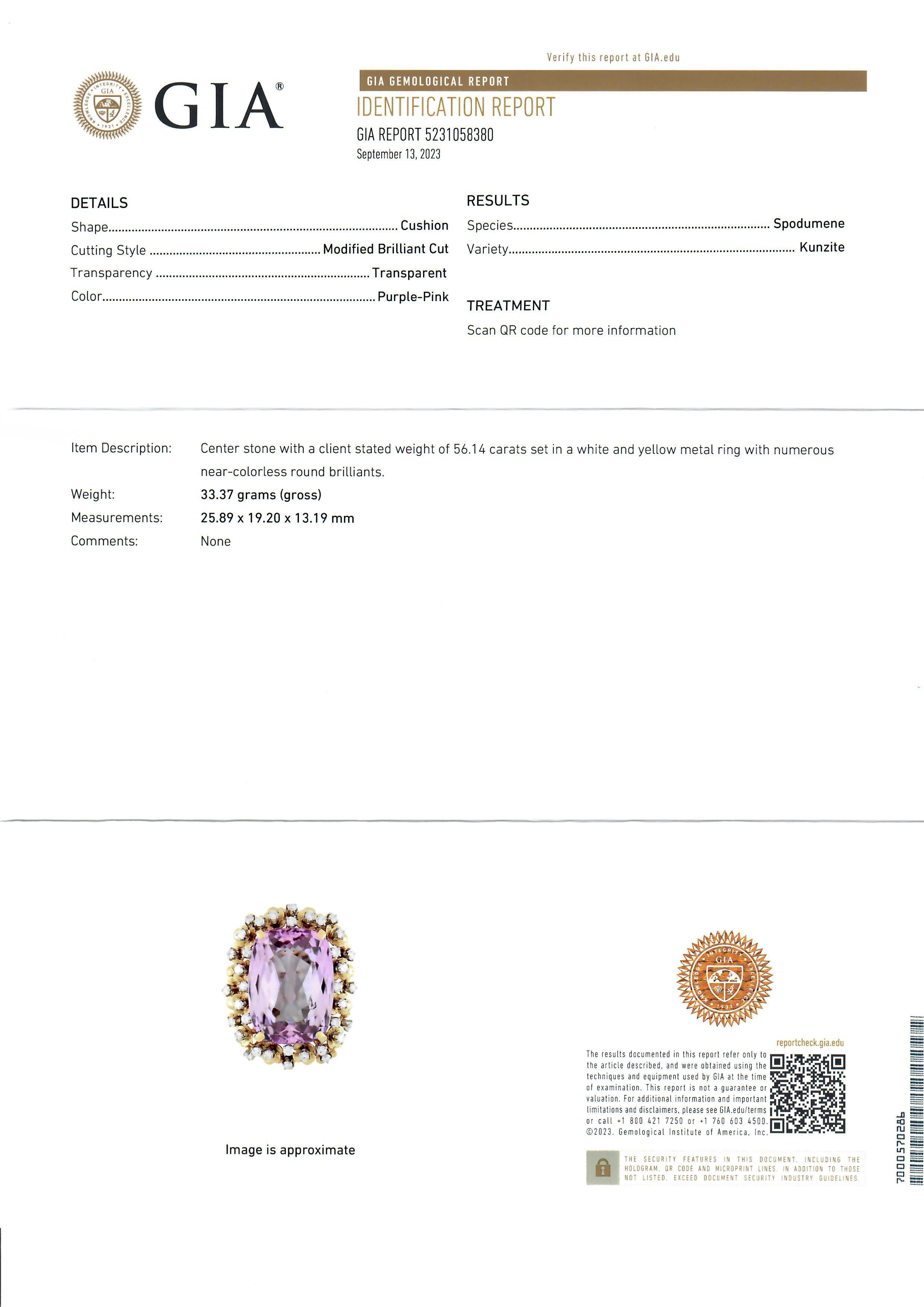 Large 18k Gold 57.74ctw Gia Kunzite Solitaire w/ Diamond Flower Cocktail Ring For Sale 4