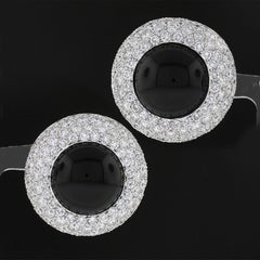 Large 18k Gold Cabochon Black Onyx 10.46ctw Pave Diamond Round Button Earrings