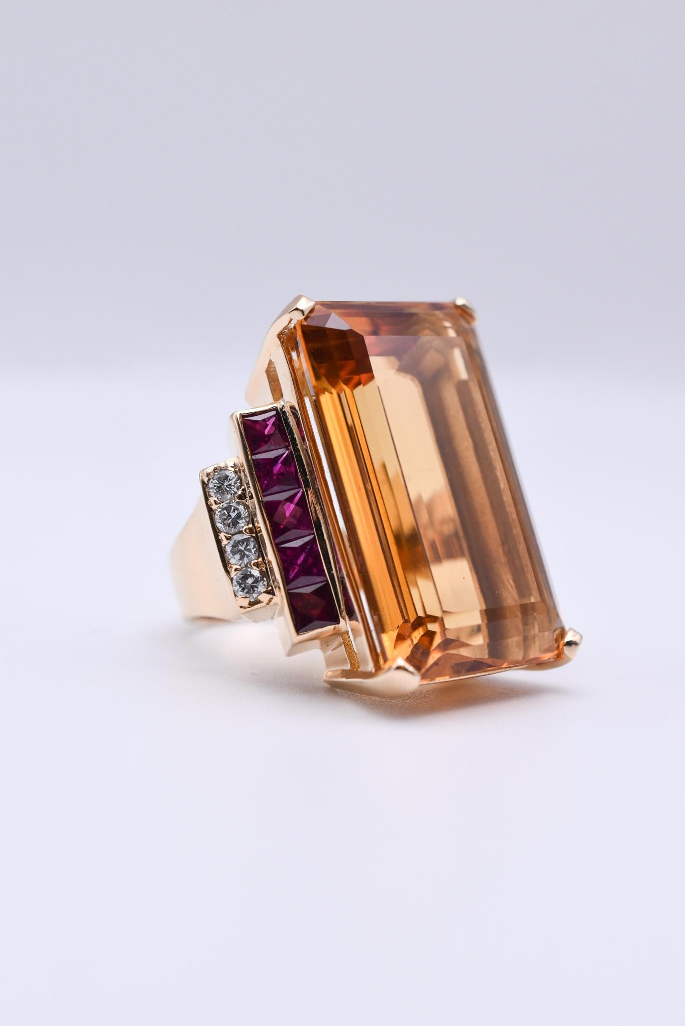 Emerald Cut Large 18k Gold Citrine, Diamond and Ruby Cocktail Ring For Sale