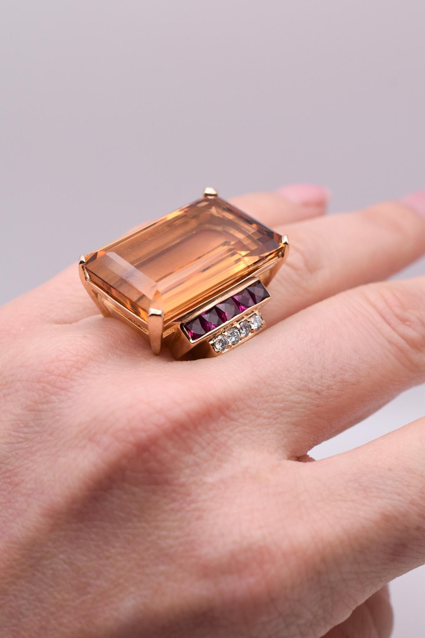 Emerald Cut Large 18k Gold Citrine, Diamond and Ruby Cocktail Ring For Sale