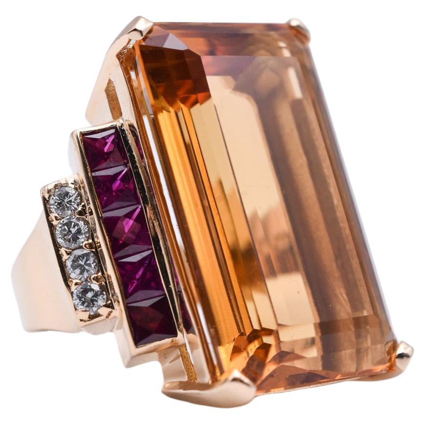 Large 18k Gold Citrine, Diamond and Ruby Cocktail Ring For Sale