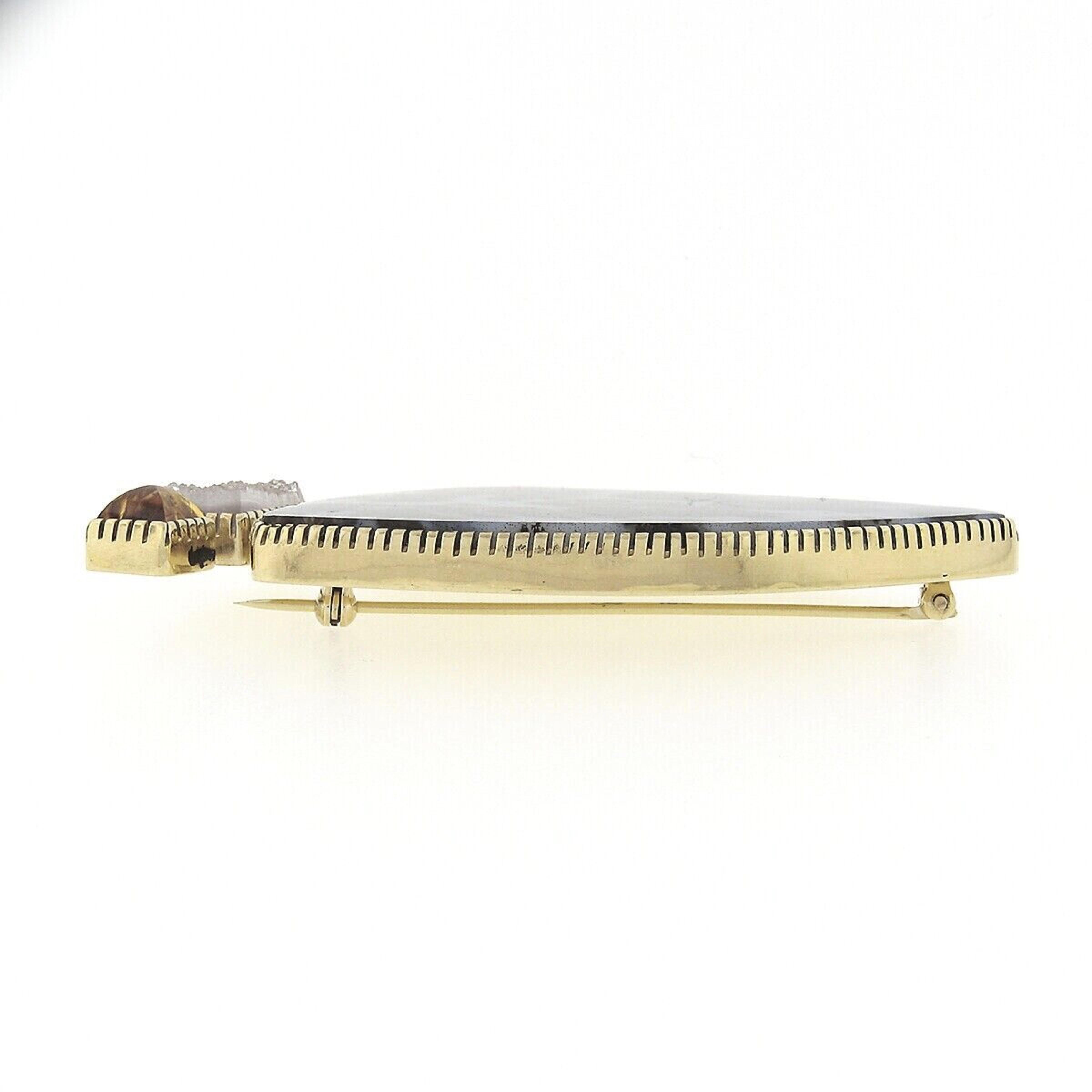 Square Cut Large 18k Gold Dendritic Agate Amber & Natural Rock Crystal Designer Brooch Pin For Sale
