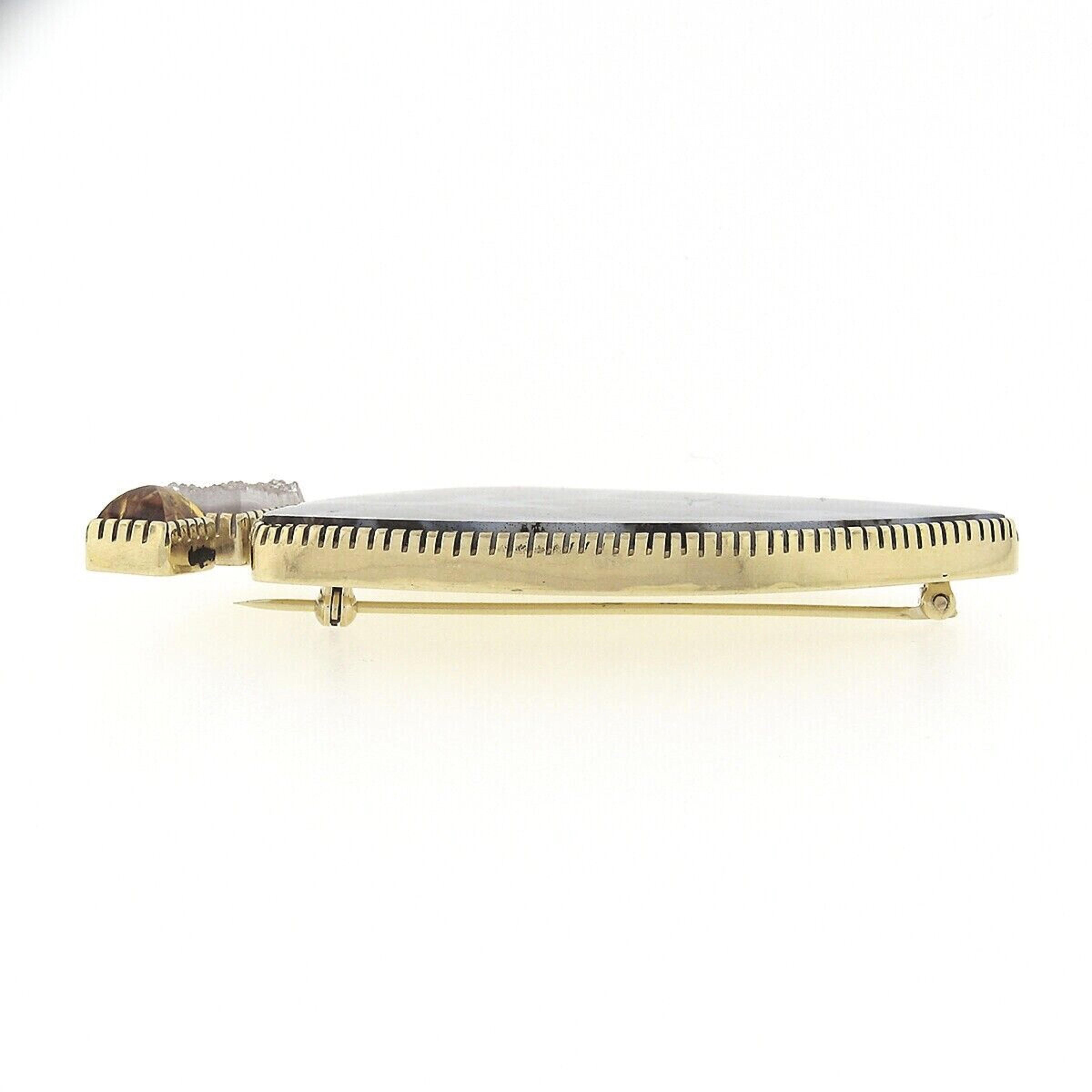 Spilla d'autore grande in oro 18k con agata dendritica, ambra e cristallo di rocca naturale in vendita 1