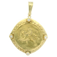 Large 18k Gold Diamond Matte Finish Greek Scene Coin Cameo Enhancer Pendant
