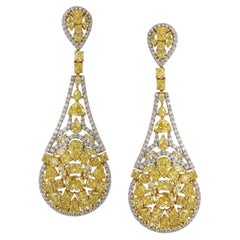 Large 18k Gold Fancy Yellow Diamond White Chandelier Earrings 15.00ct
