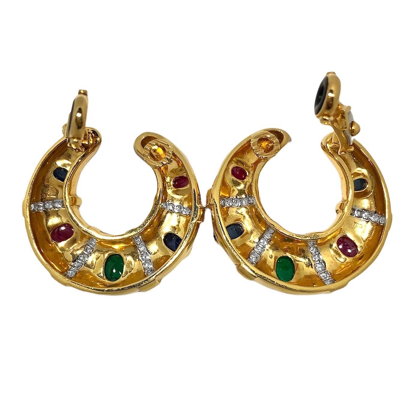 Modern Large 18K Gold Hoops with Diamonds, Cabochon Rubies, Emeralds and Sapphires For Sale