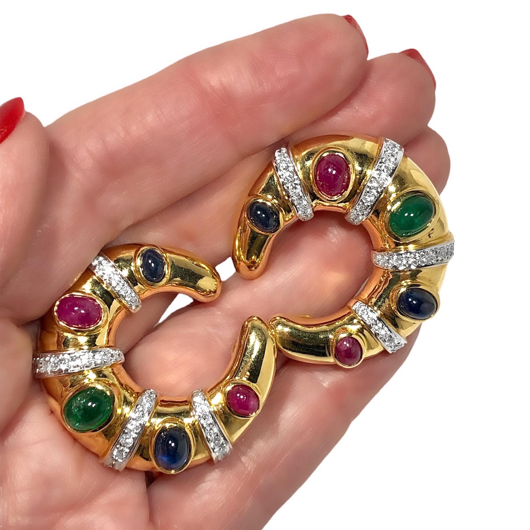 Large 18K Gold Hoops with Diamonds, Cabochon Rubies, Emeralds and Sapphires In Good Condition For Sale In Palm Beach, FL