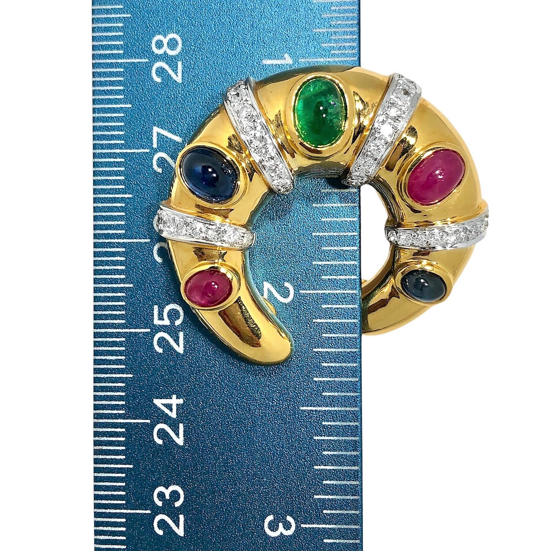 Women's Large 18K Gold Hoops with Diamonds, Cabochon Rubies, Emeralds and Sapphires For Sale