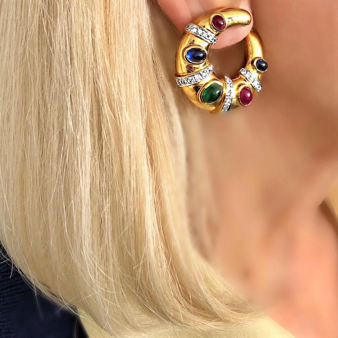 Large 18K Gold Hoops with Diamonds, Cabochon Rubies, Emeralds and Sapphires For Sale 1