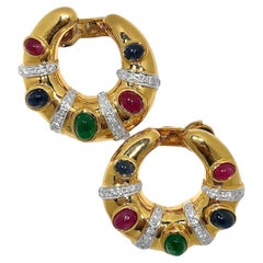 Large 18K Gold Hoops with Diamonds, Cabochon Rubies, Emeralds and Sapphires