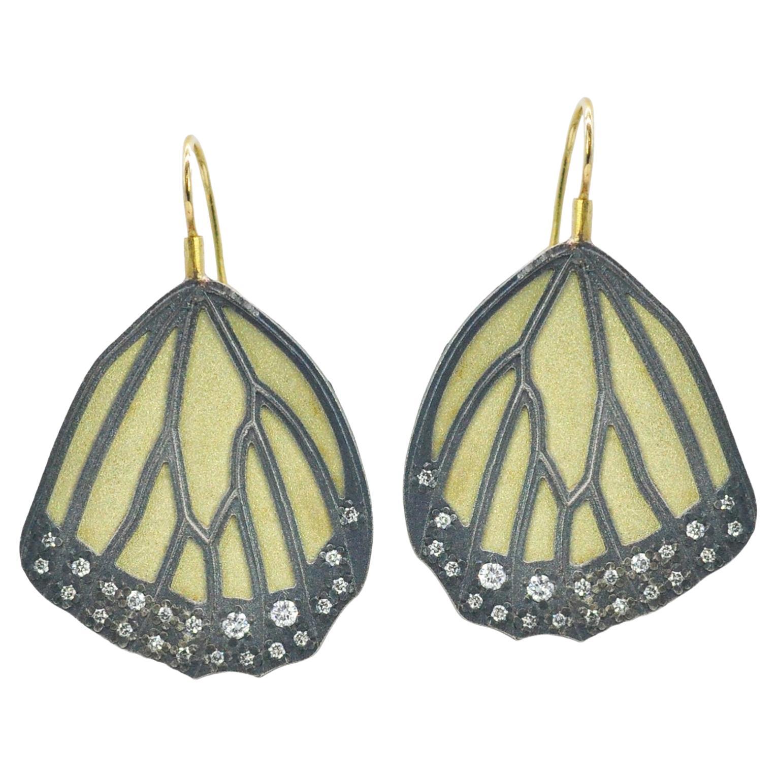 Large 18k Gold Monarch Butterfly Bottom Wing Earrings with Scattered Diamonds For Sale