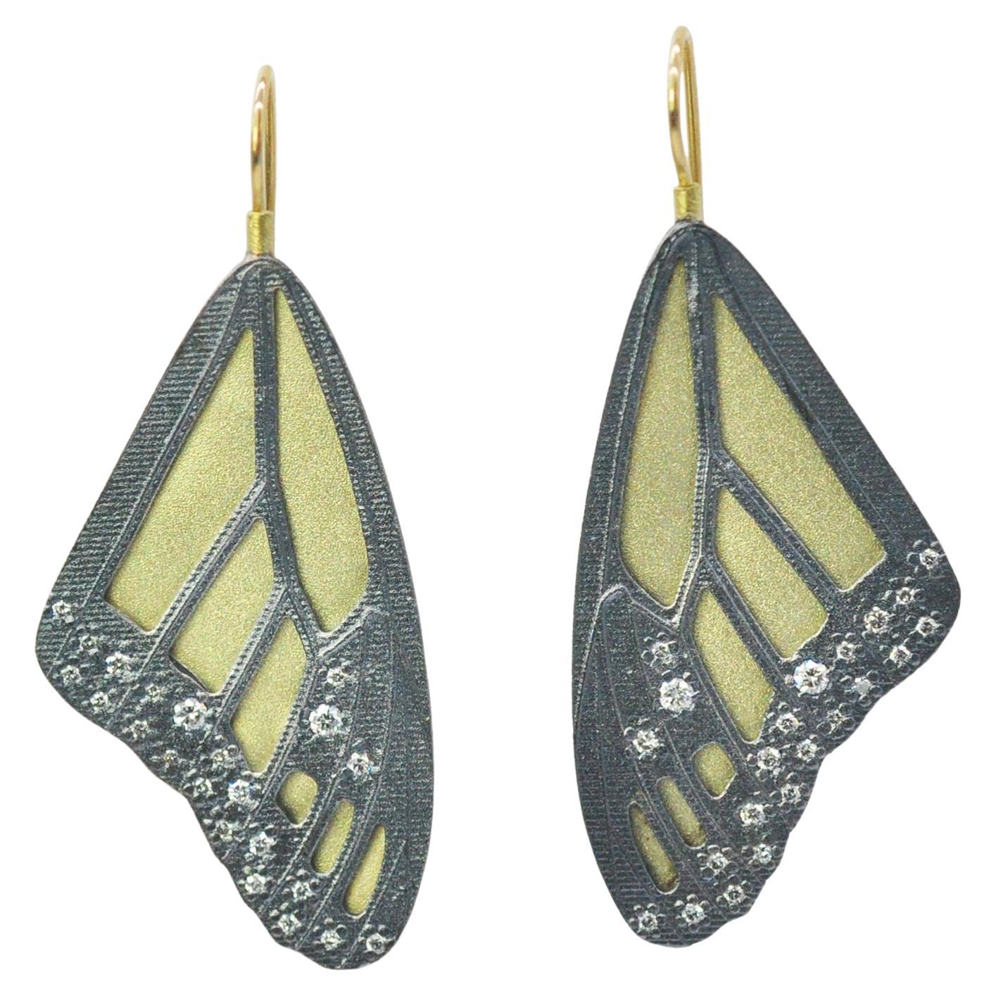 Large 18k Gold Monarch Butterfly Top Wing Earrings with Scattered Diamonds For Sale