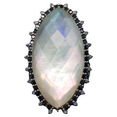 Large 18K Gold Moonstone Black Diamond and Diamond Cocktail Ring 26 Grams