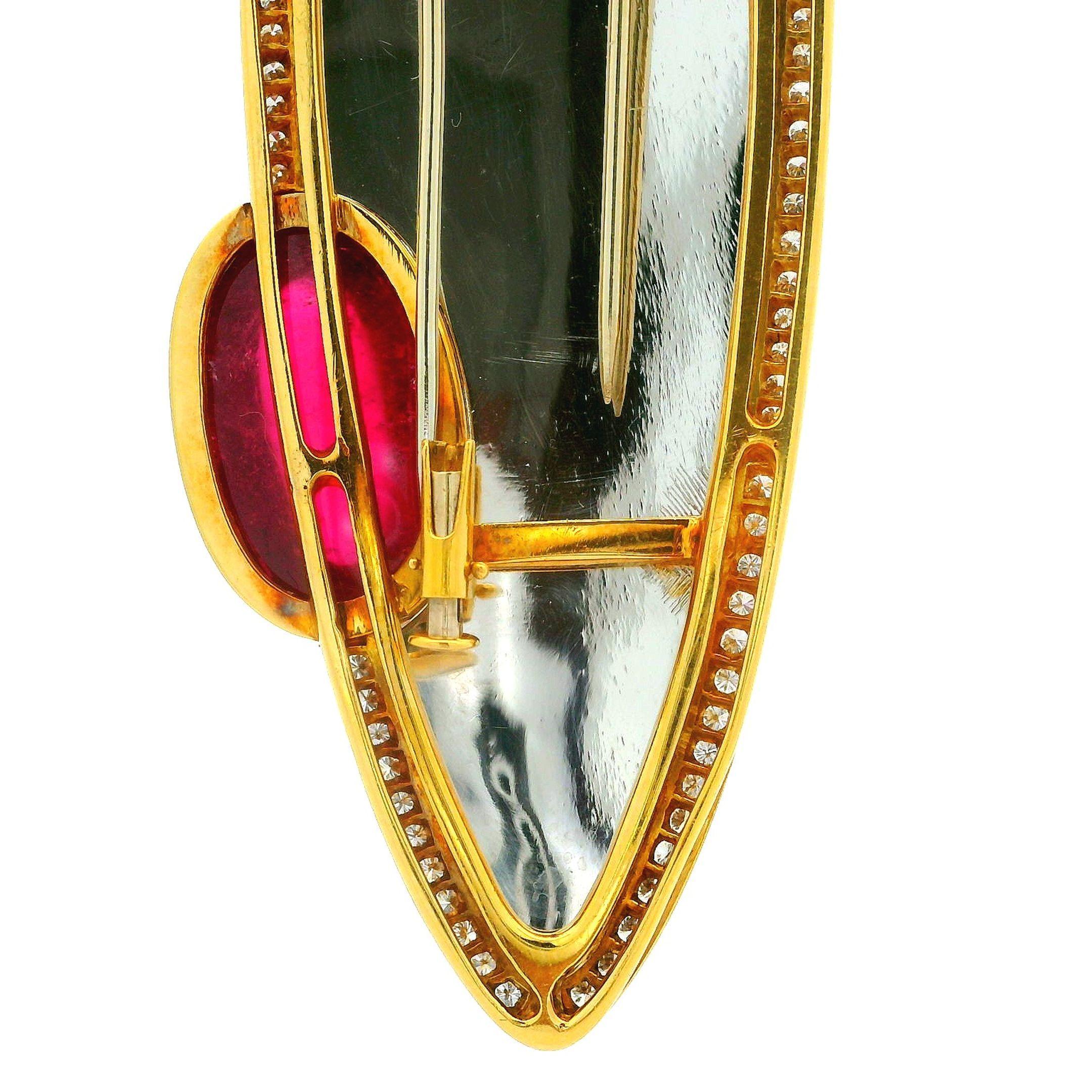 Spilla grande in oro 18k e platino con tormalina rubellite GIA e diamanti Navette in vendita 5