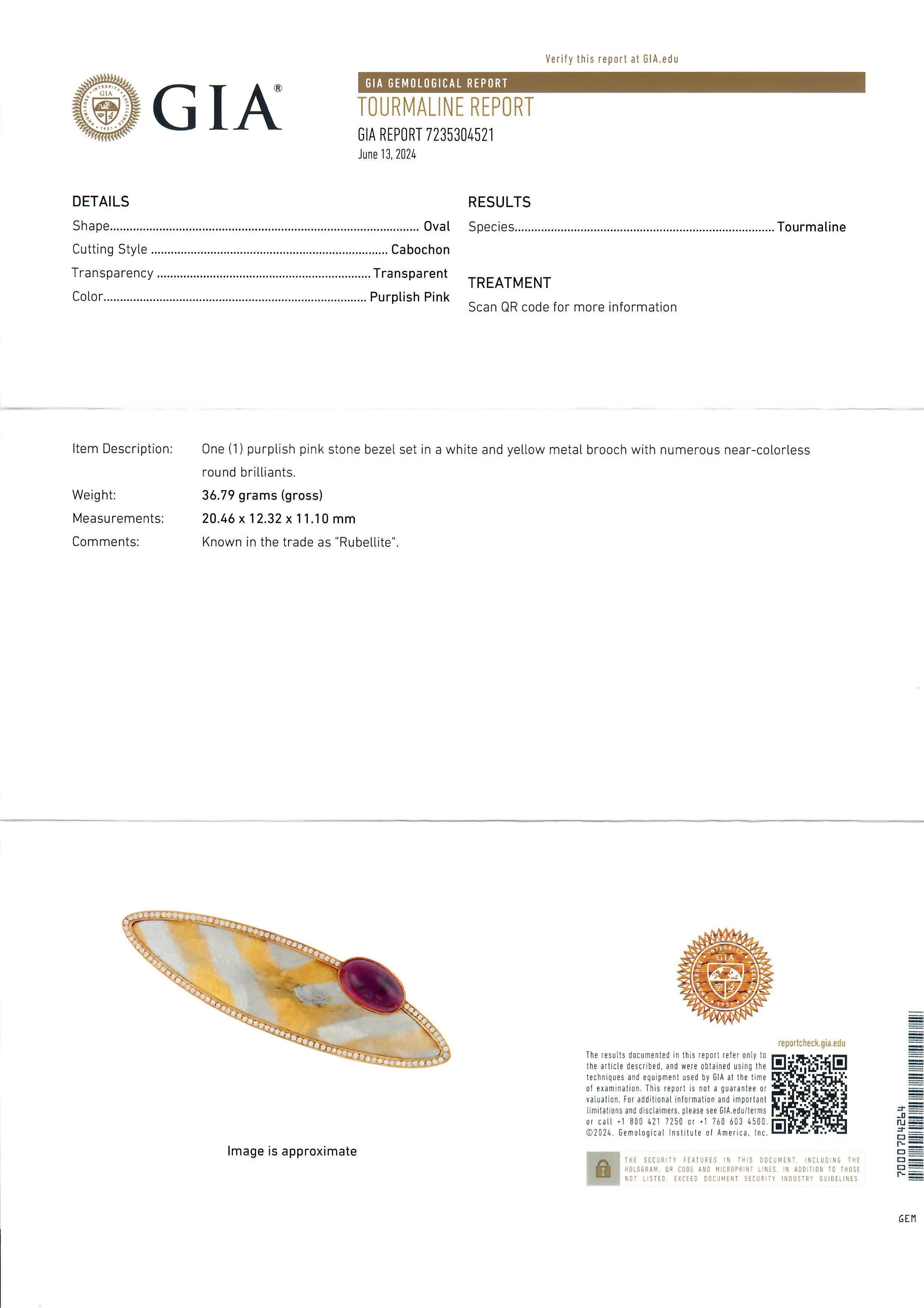 Spilla grande in oro 18k e platino con tormalina rubellite GIA e diamanti Navette in vendita 7
