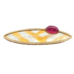 Large 18k Gold & Platinum Gia Rubellite Tourmaline Diamond Navette Pin Brooch