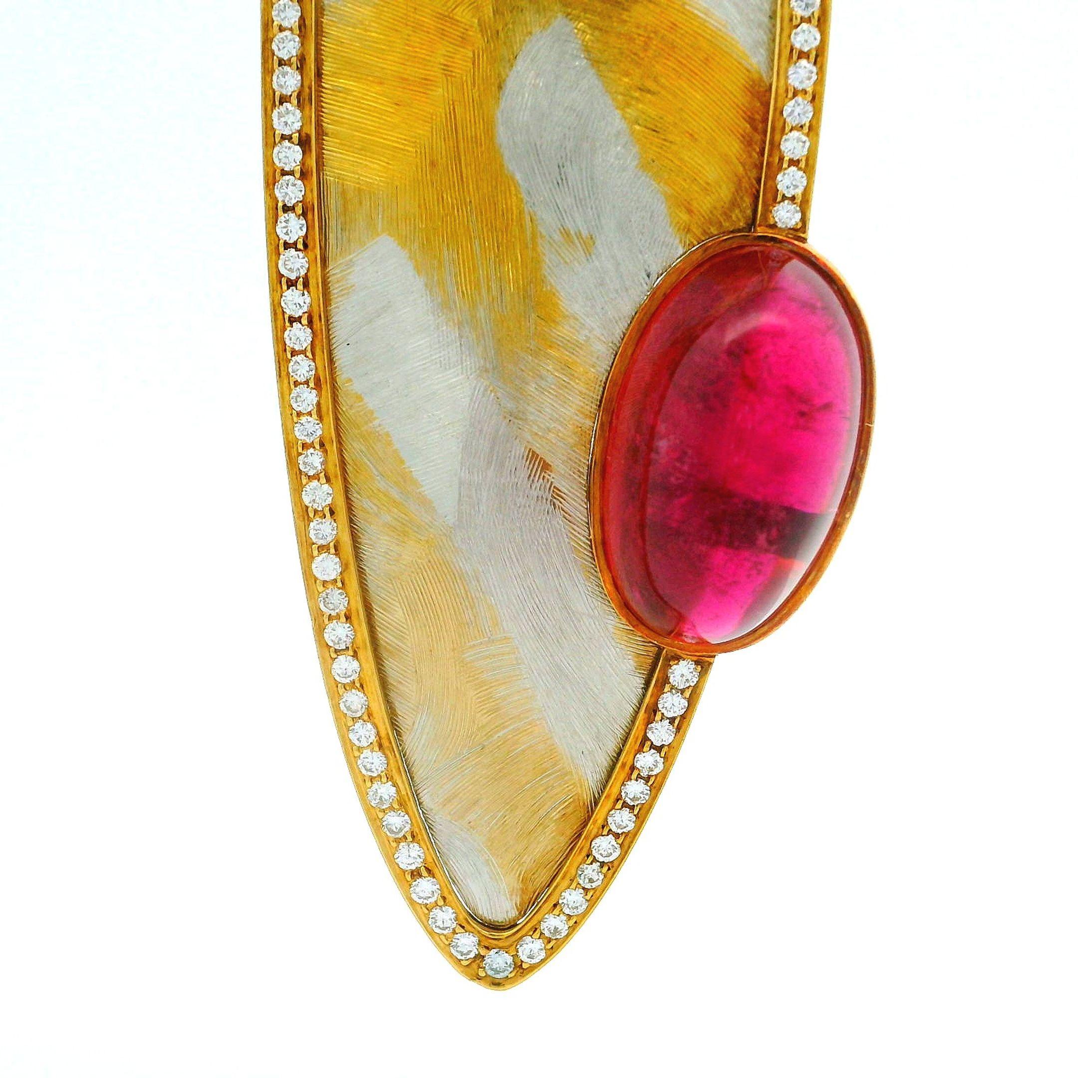 Spilla grande in oro 18k e platino con tormalina rubellite GIA e diamanti Navette In condizioni ottime in vendita a Montclair, NJ