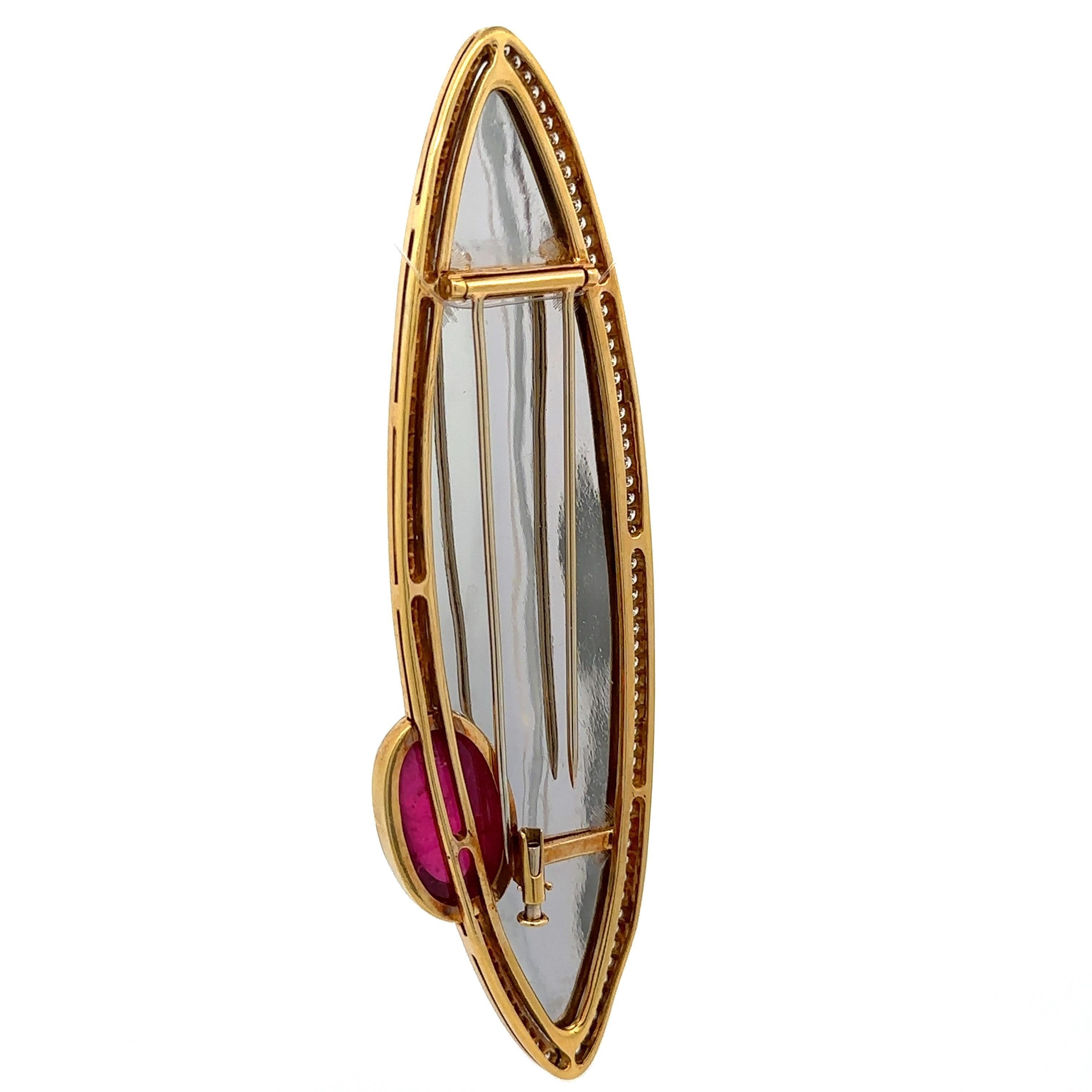 Spilla grande in oro 18k e platino con tormalina rubellite GIA e diamanti Navette in vendita 1
