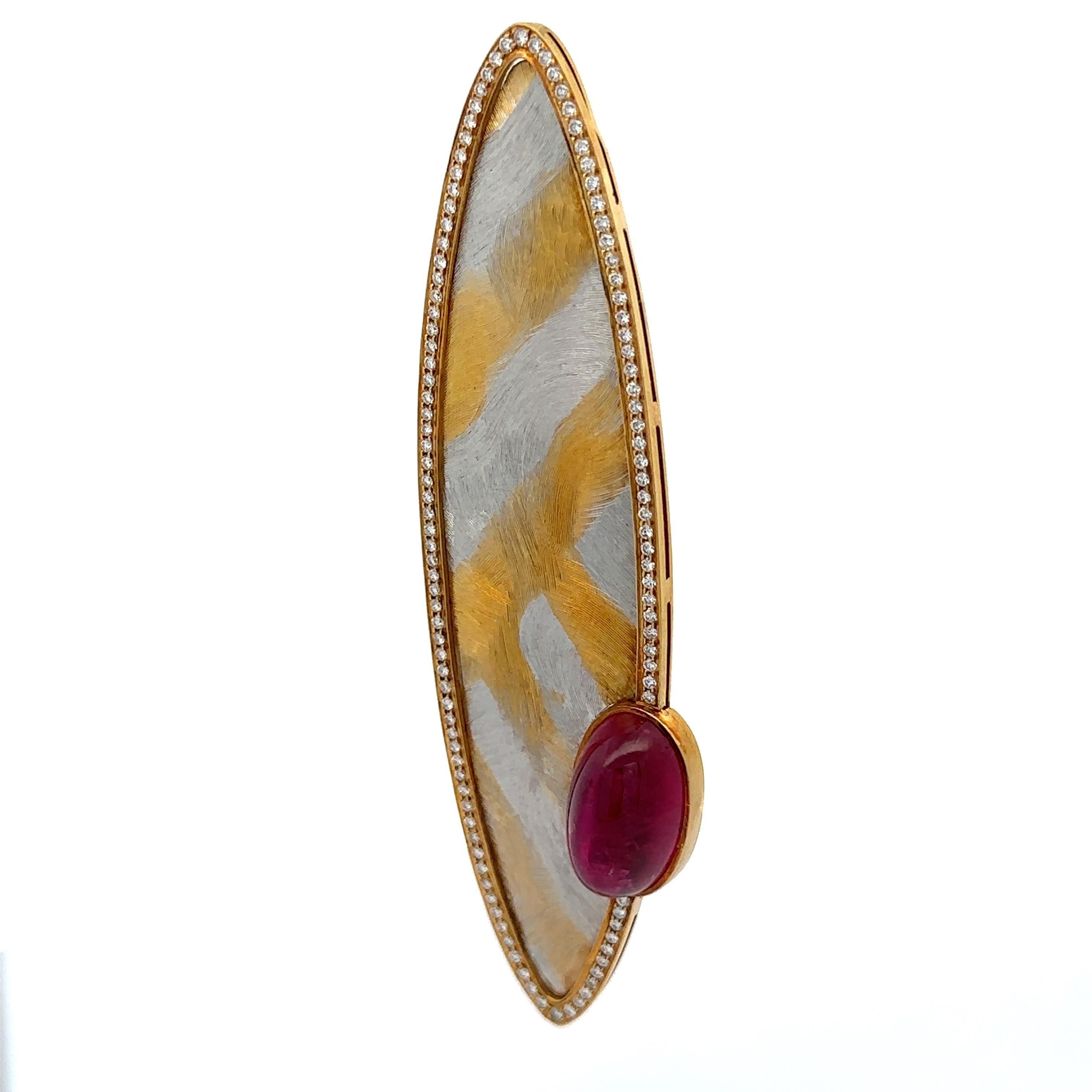 Spilla grande in oro 18k e platino con tormalina rubellite GIA e diamanti Navette in vendita 2