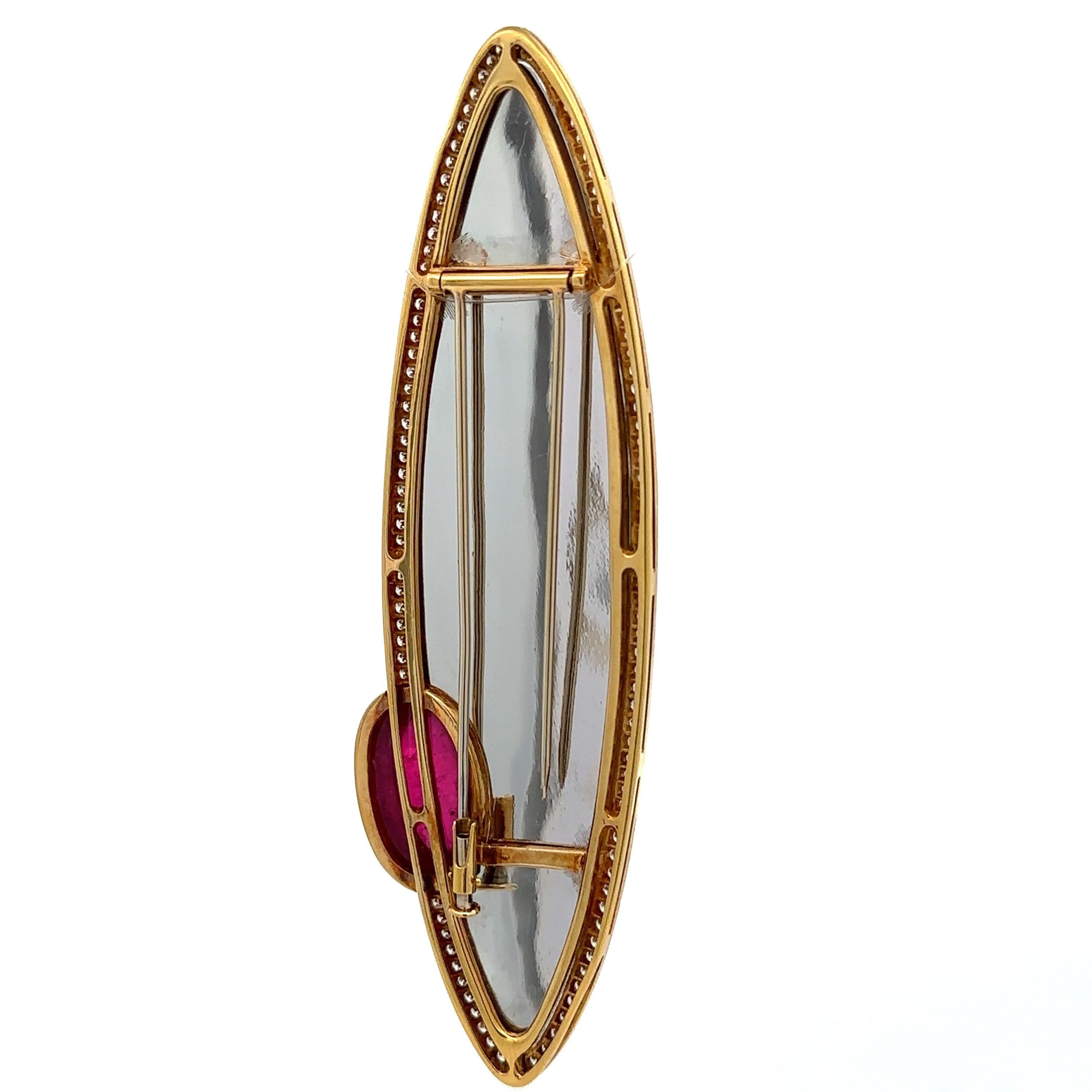 Spilla grande in oro 18k e platino con tormalina rubellite GIA e diamanti Navette in vendita 3