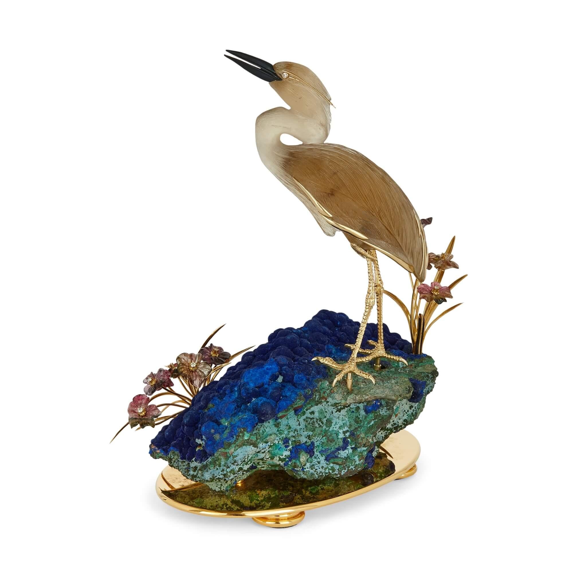Moderne Grand modèle d'oiseau en or 18 carats, argent doré, diamants et pierre dure d'Asprey en vente