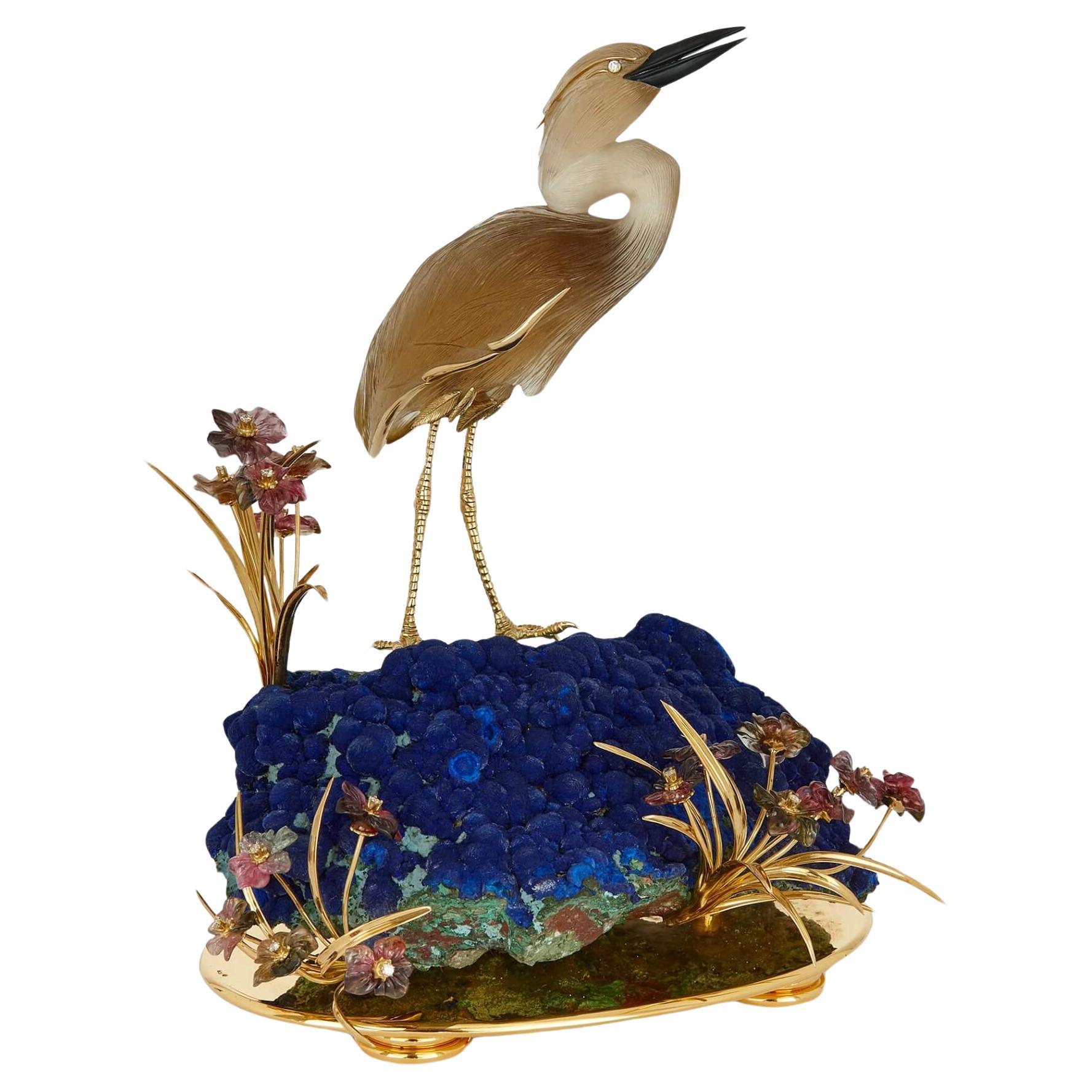 Large 18K Gold, Silver Gilt, Diamond and Hardstone Bird Model by Asprey