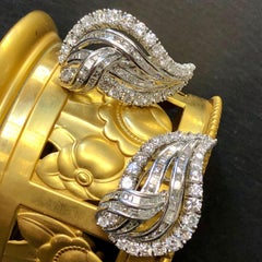 Estate 18k White Paisley Leaf Baguette Round Diamond Omega Earrings 9ctw G Vs