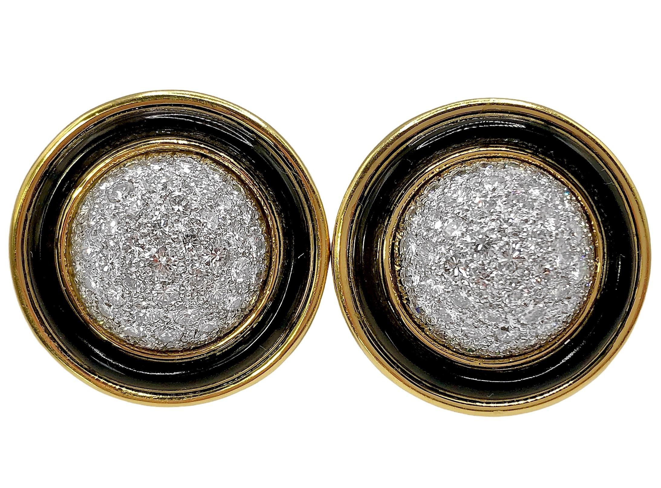 This imaginative and finely crafted pair of 18k gold and onyx button earrings are created from French azured platinum dome centers set with brilliant cut diamonds having a total approximate weight of 7.50ct of overall F/G color and VS1 clarity.