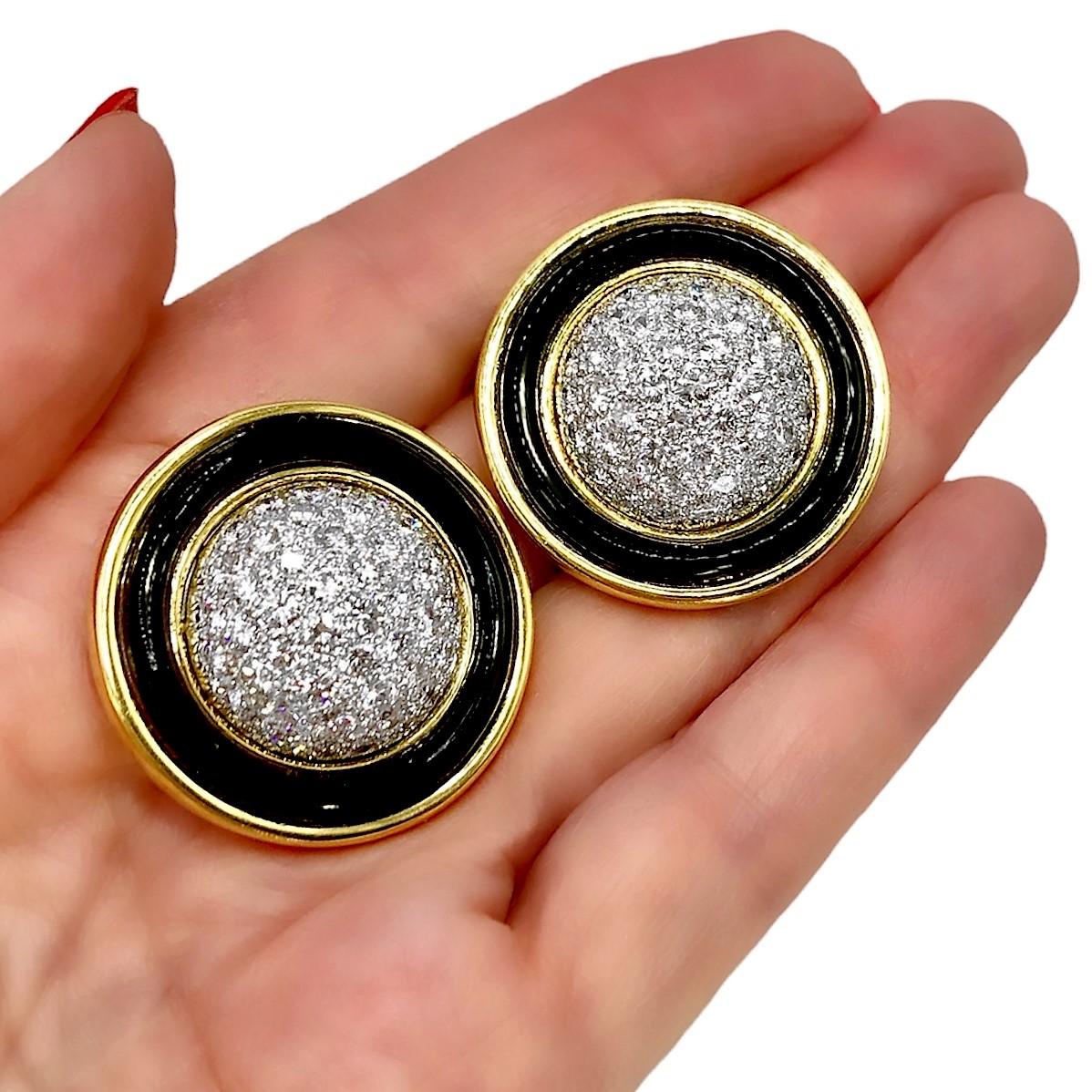Brilliant Cut Large 18K Platinum, Onyx & Diamond Earrings by Merrin For Sale