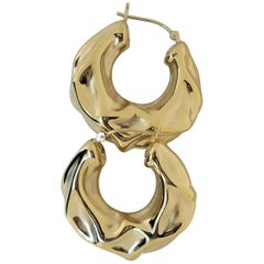 Large 18 Karat Tapered Hollow Crinkle Design Hoop Earrings