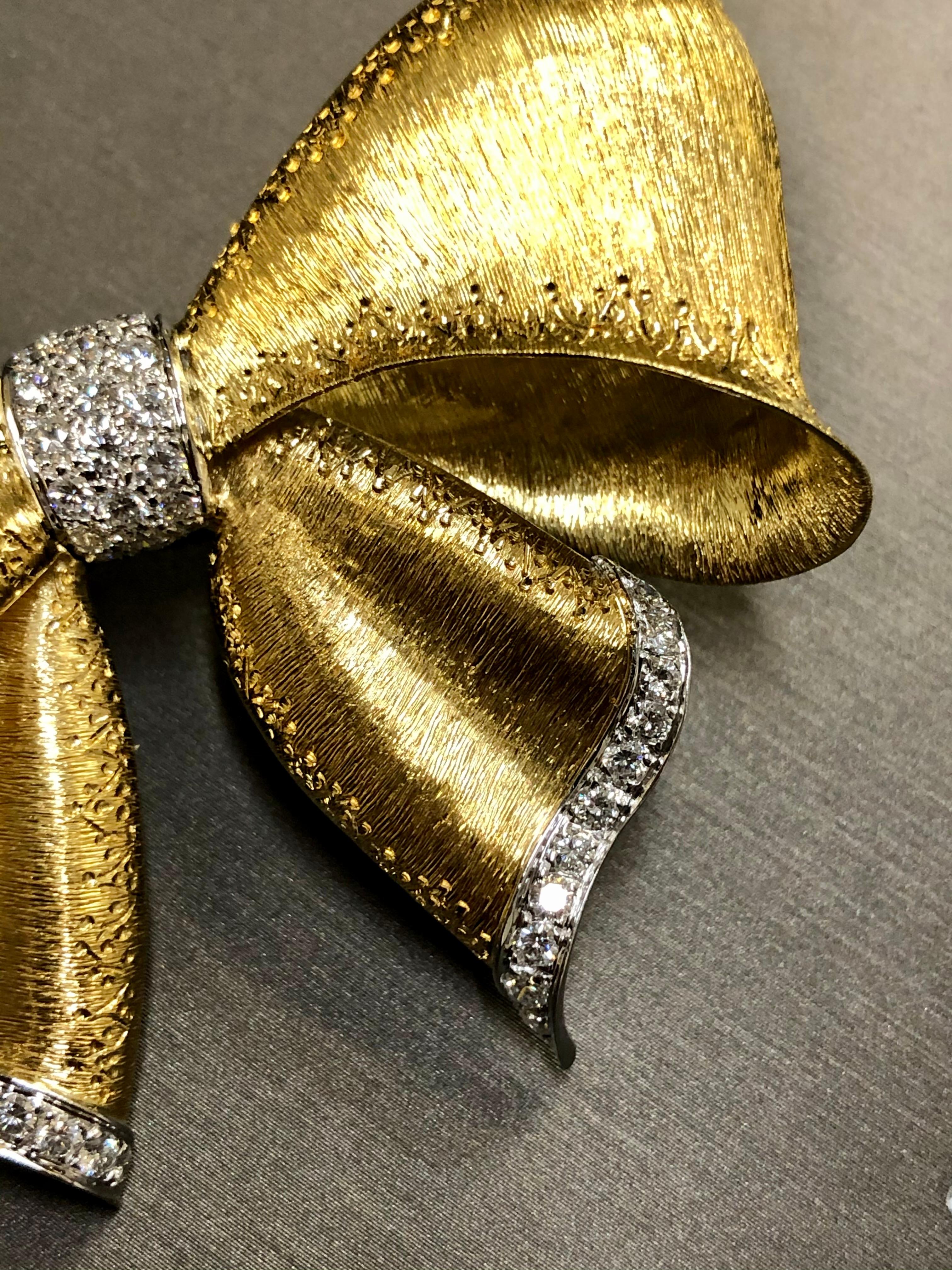 Large 18K Textured Diamond Bow Brooch For Sale 2