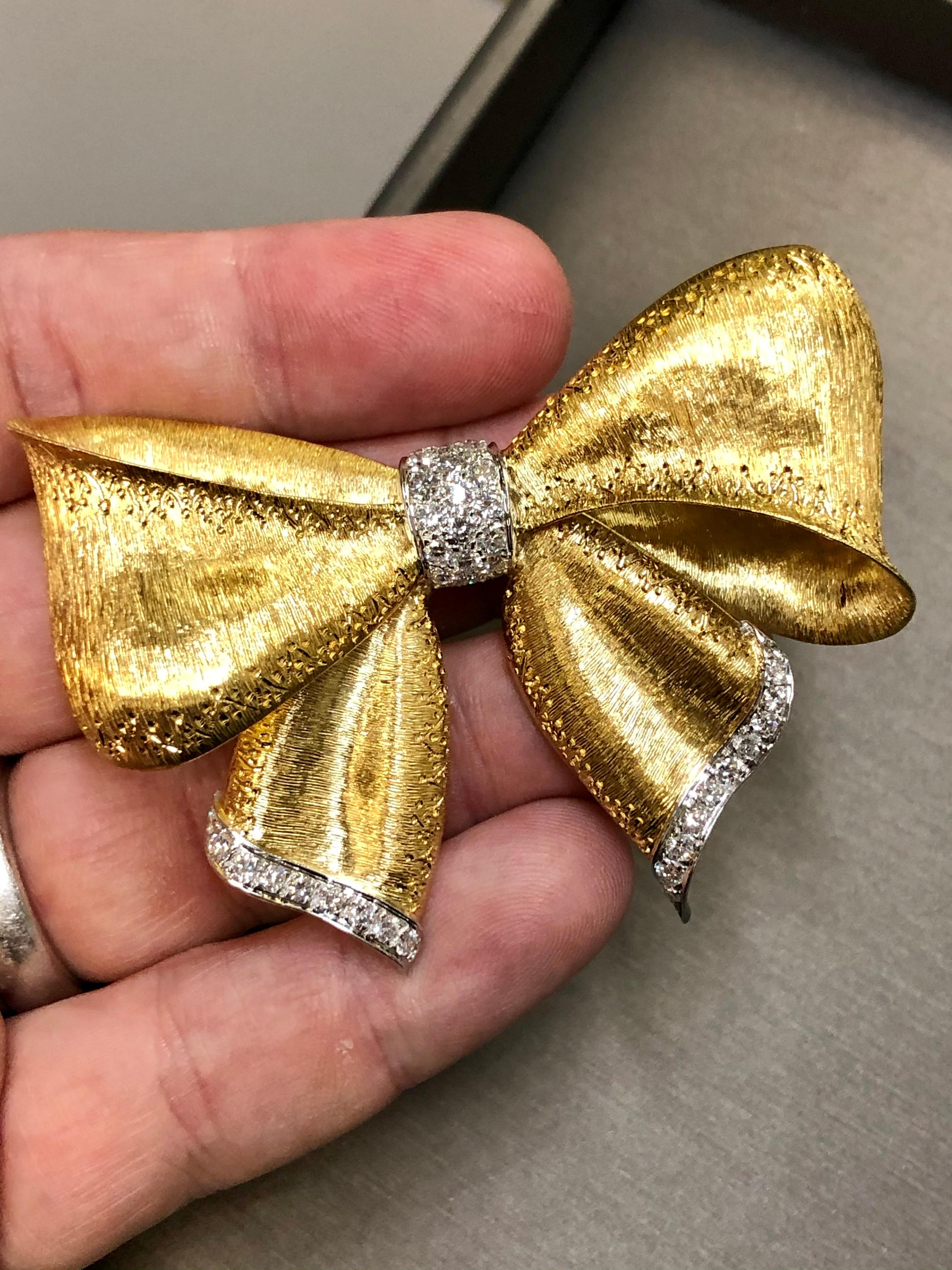 Large 18K Textured Diamond Bow Brooch For Sale 3