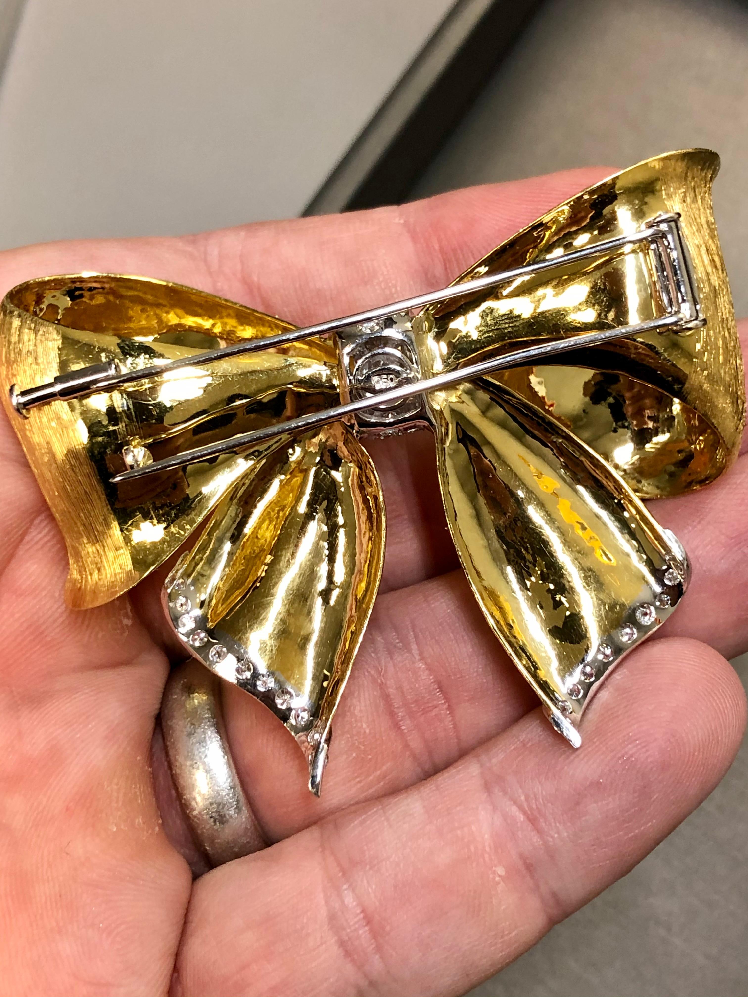 Large 18K Textured Diamond Bow Brooch For Sale 4
