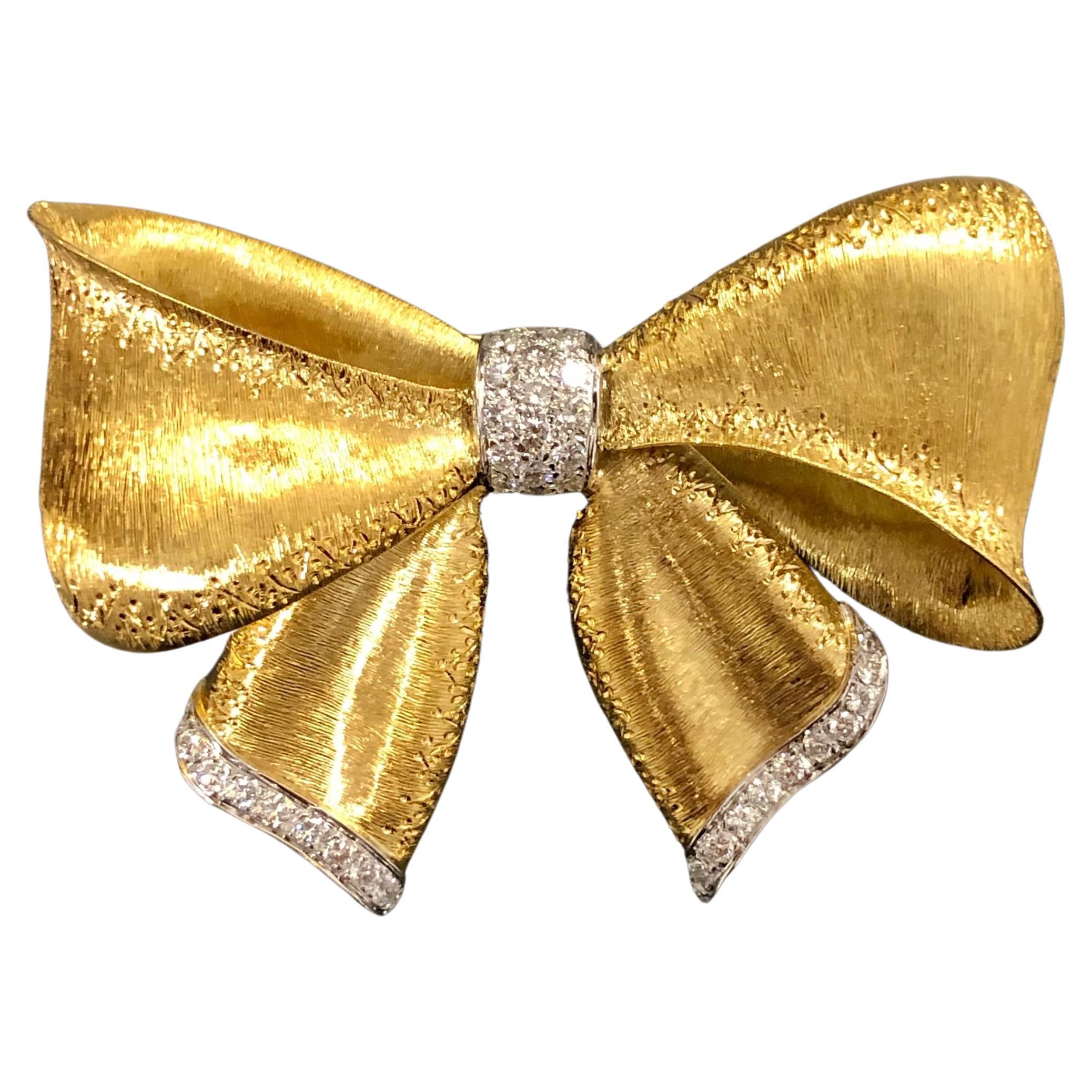 Large 18K Textured Diamond Bow Brooch For Sale