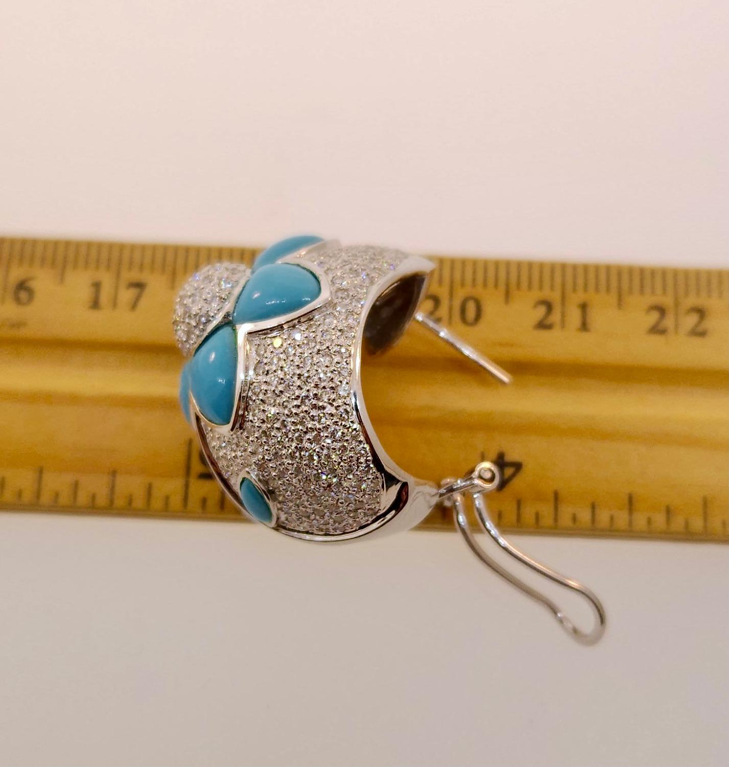 Large 18k White Gold Diamond & Turquoise Earrings  For Sale 1