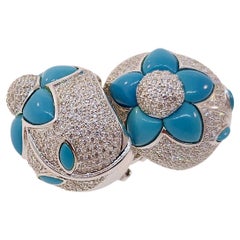 Grandes boucles d'oreilles en or blanc 18k avec diamants et turquoise 