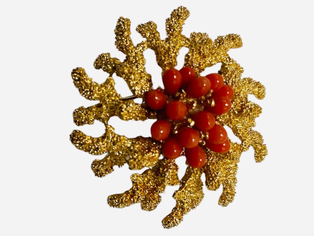 This is a large 18K yellow gold coral brooch. It depicts a large round shaped coral  reef  brooch adorned with a cluster of tear drops shaped corals in prong settings. It closes with a C-clasp in its back. It is not hallmarked 18k gold, but the acid