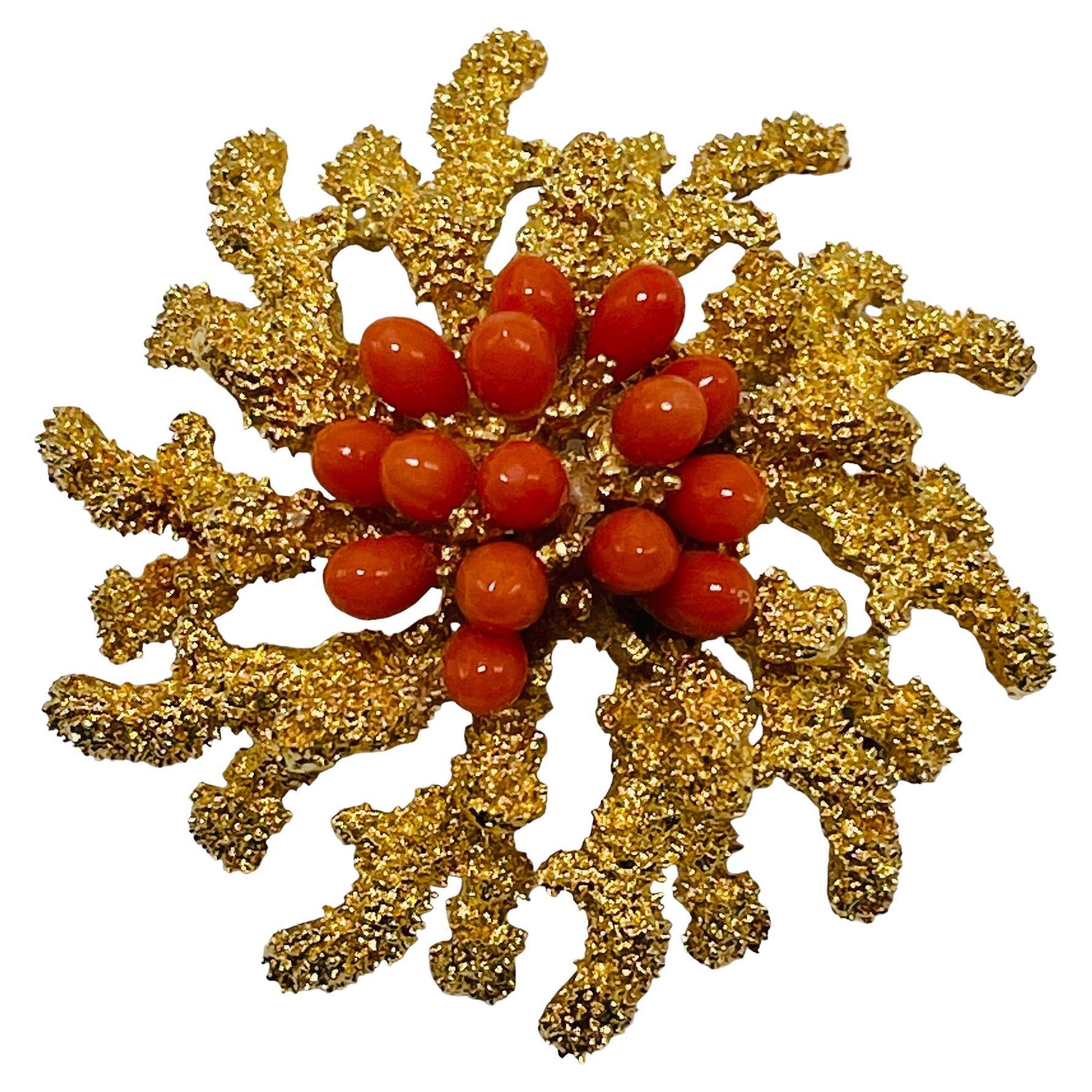 Large 18K Yellow Gold Coral Reef Brooch