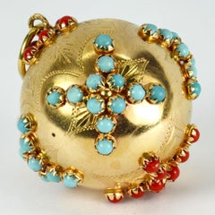 Large 18K Yellow Gold Coral Turquoise Sputnik Ball Charm Pendant